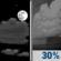 Tonight: A 30 percent chance of showers and thunderstorms after 5am.  Partly cloudy, with a low around 57. South wind around 10 mph. 